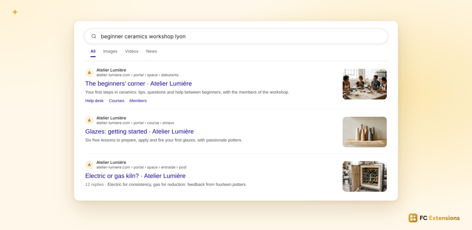 A Google search showing three pages of a community: a space, a course and a discussion, each with its image.