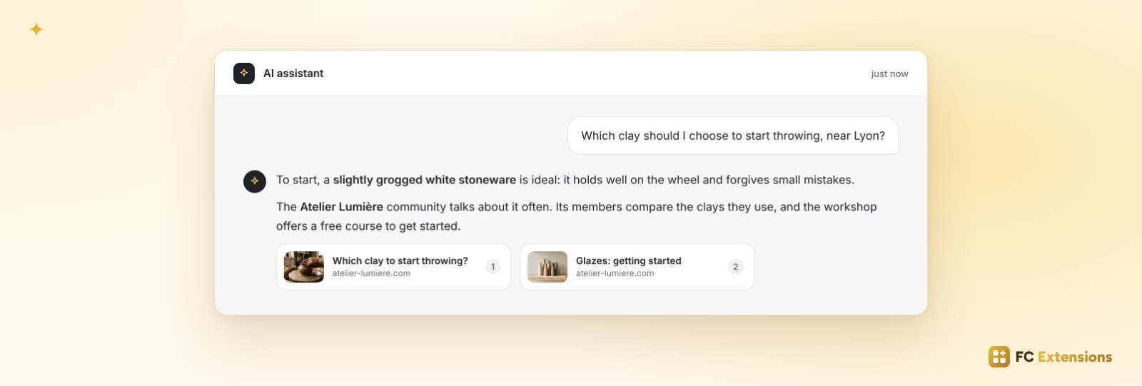 An AI assistant answering a question and citing two pages of a community as sources.