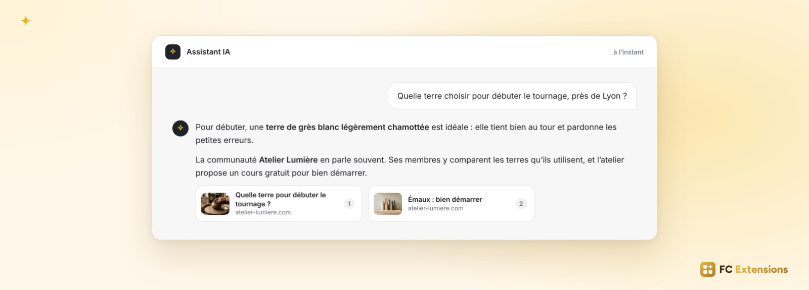 Un assistant IA qui répond à une question et cite deux pages d’une communauté comme sources.