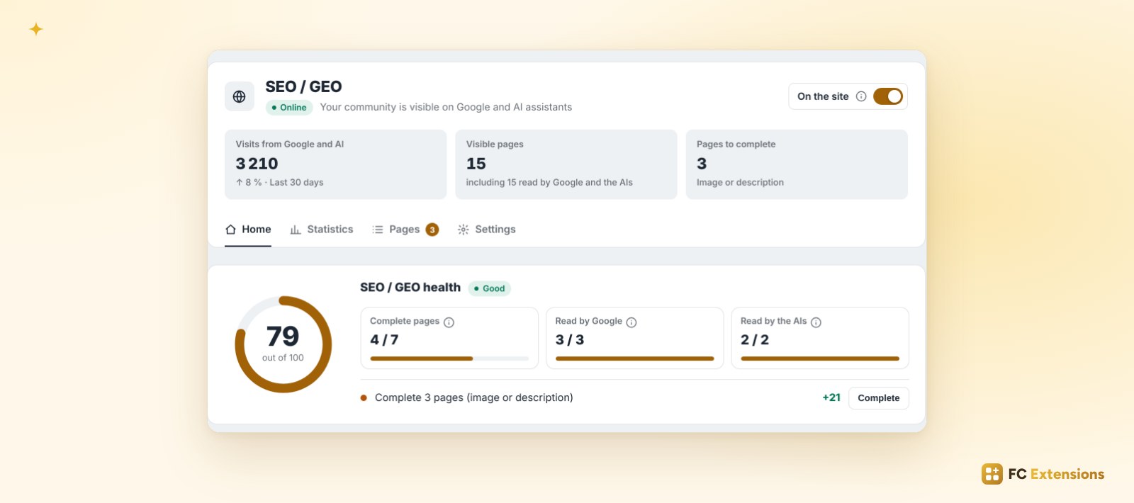 The SEO / GEO home screen: visits, visible pages, pages to complete and health out of 100.