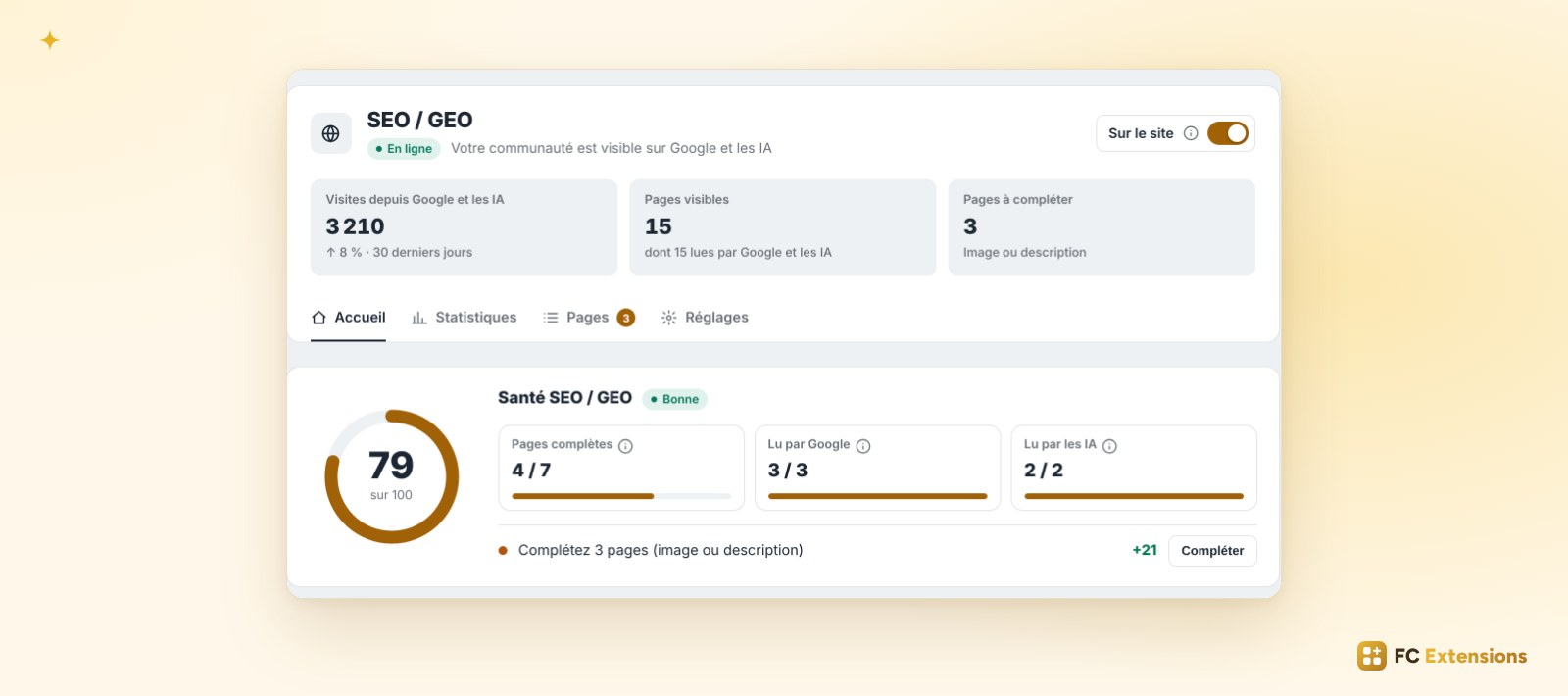 L’accueil de SEO / GEO&nbsp;: les visites, les pages visibles, les pages à compléter et la santé sur 100.