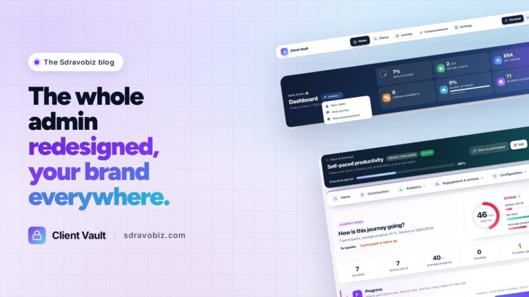 Featured image: Client Vault 20.37, the whole admin redesigned, your brand everywhere, with the dashboard and the home of a journey