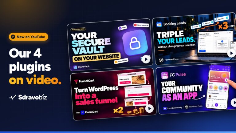 Our 4 plugins on video: Client Vault, Booking Leads, FunnelCart and FC Pulse