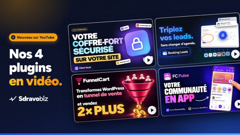 Nos 4 plugins en vidéo : Client Vault, Booking Leads, FunnelCart et FC Pulse